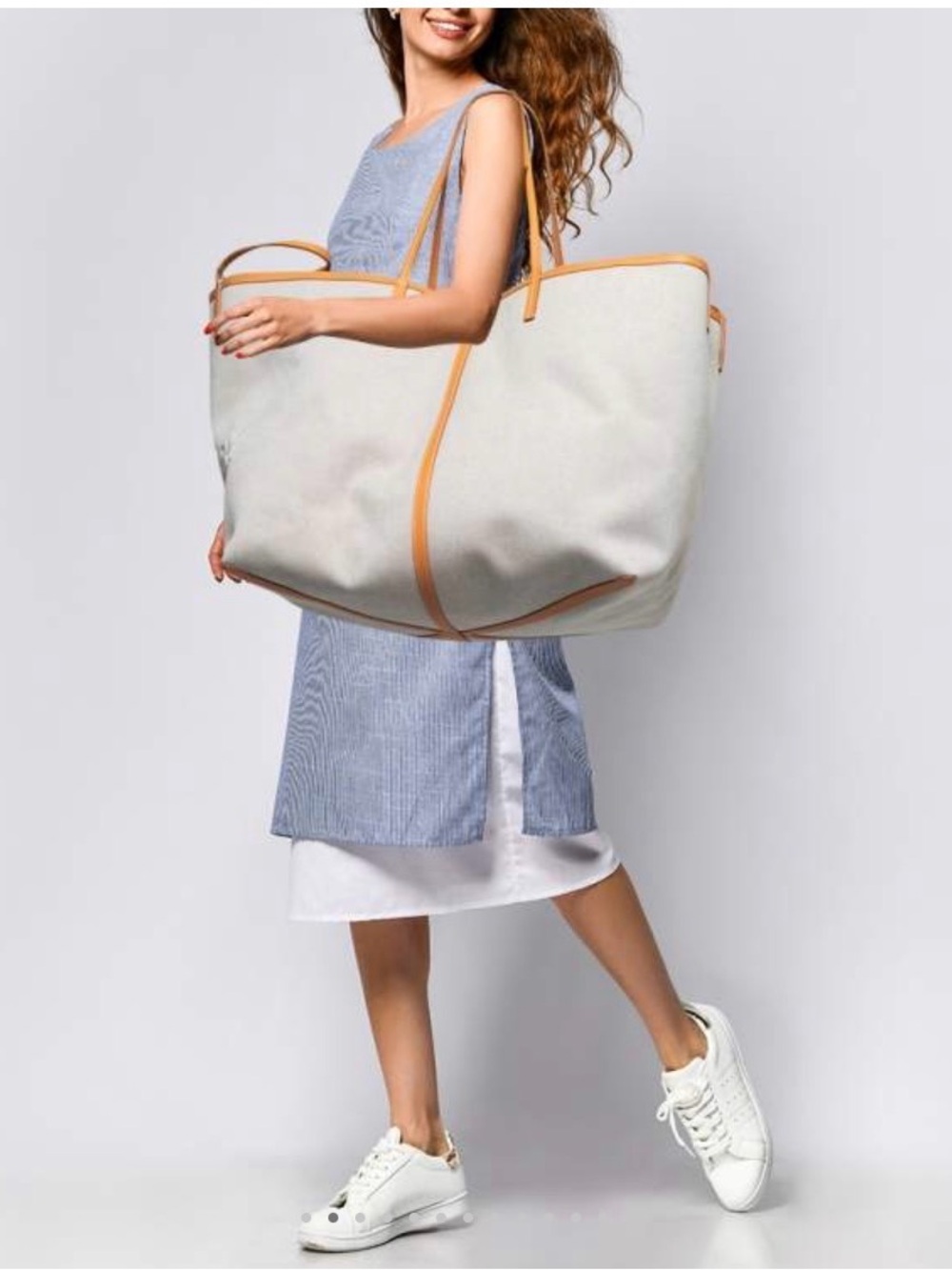 💯 BURBERRY Authentic Canvas XL BEACH Tote Bag Tan Leather Trim with Dust Bag